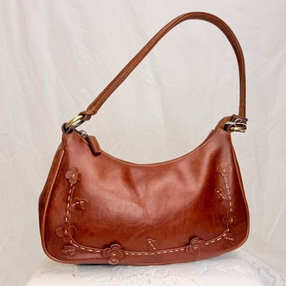 Brown Floral Appliqué Shoulder Bag